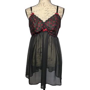 Cacique Black Sheer Babydoll Sleep Wear Heart Pattern Size 14/16 100% Polyester